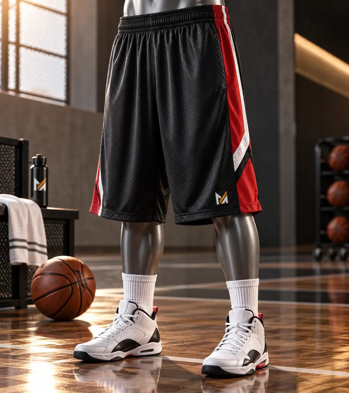 Black custom basketball mesh shorts with red and white side panels and Mega Apparel logo, displayed on a silver mannequin wearing white basketball sneakers on an indoor court.